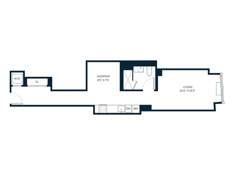 Floor plan for studio, 1 bath, 546 sqft